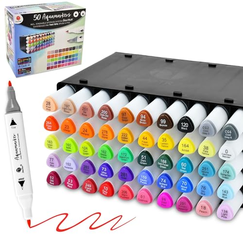 Decotime 50 Aqua-Marker mit Doppelspitze, stapelbare Deko-Ablage - Aquarell-Pinselstifte-Set - Ungiftig für Kinder ab 3+ - Professionelle Malstifte für Kunst & Illustration - Feine & Pinselspitzen für