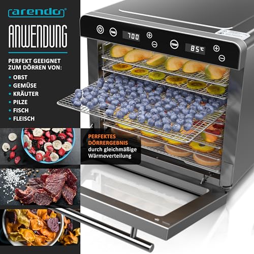 Arendo - Dörrautomat Edelstahl mit 8 Edelstahlgitter - 700 W - 35°-85°C - 8 Edelstahl Einlegetabletts mit insgesamt 6700 cm² - Dörrgerät Dehydrator Obsttrockner Dörrapparat - Obst Fleisch Pilze uvm – Bild 4
