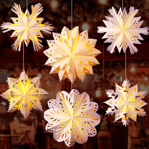 Baquler 6 Set 19.69 in 3D Christmas Paper Snowflake Lantern with 8 Mode LED String Light with Remote Out Hollow Paper Snowflake Lantern Xmas Hanging Pendant Lampshade Frozen Party Hanging Decor