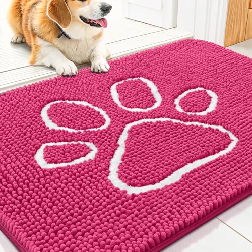 Image of Smiry Dog Door Mat for Muddy Paws, Absorbent Dirt Trapper Non Slip Quick Dry Washable Chenille Mat for Mud Dogs, Entry Rug for Indoor and Outdoor (30x20 Inches, Hot Pink and White)