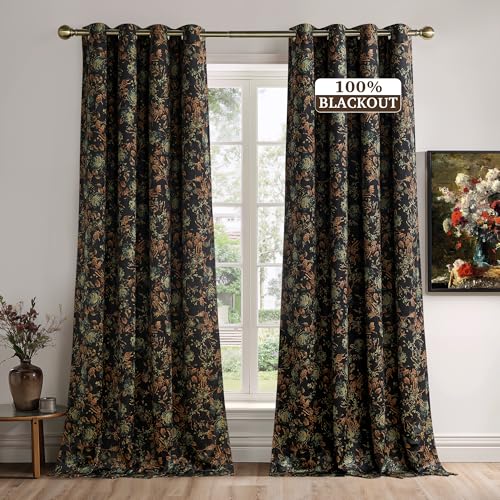 StangH 100% Blackout Floral Curtains 84 Inches, Two-Layer Black Print