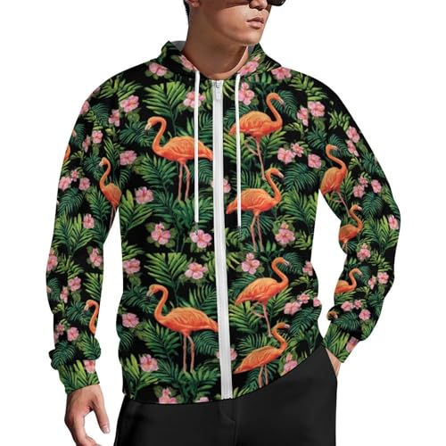 Flamingo Bird Tropical Men's Zip Up Hoodie Casual Drawstring Hooded Sweatshirt with Kanga Pocket