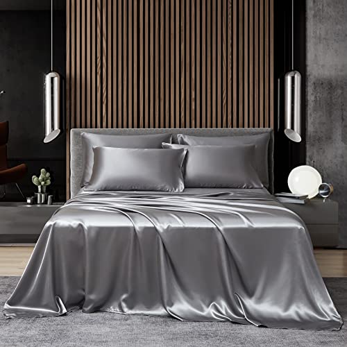 DuShow Gray Double Size Satin Bed Sheets Set,Satin Silky 4 Pieces Bed Sheet Set with 15 Deep Pocket Fitted Sheet, 1 Soft Flat Sheet,2 Pillowcases (Gray Double)