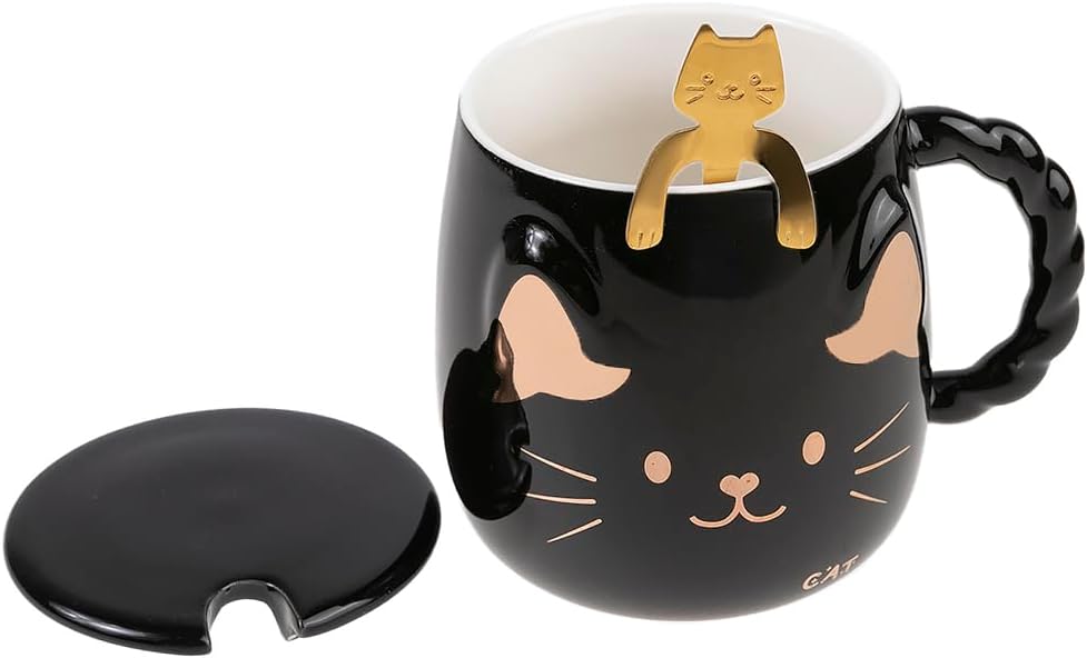 Japanese Cat Porcelain Mug - With Lid & Spoon - 15oz - Breakfast & Relaxation Break - Coffee, Tea, Hot Chocolate - Gift Idea Asia, China, Japan - Black