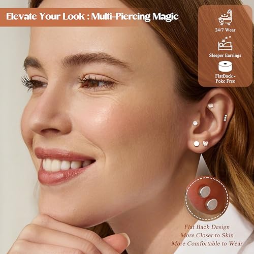 MILACOLATO 13 Pairs Silver Earrings Set for Women - 14K Gold Plated Cartilage Studs Huggie Hoop Earring Stacks for Multiple Piercing Hypoallergenic Surgical Stainless Steel Flat Back Earrings for Sensitive Ears2