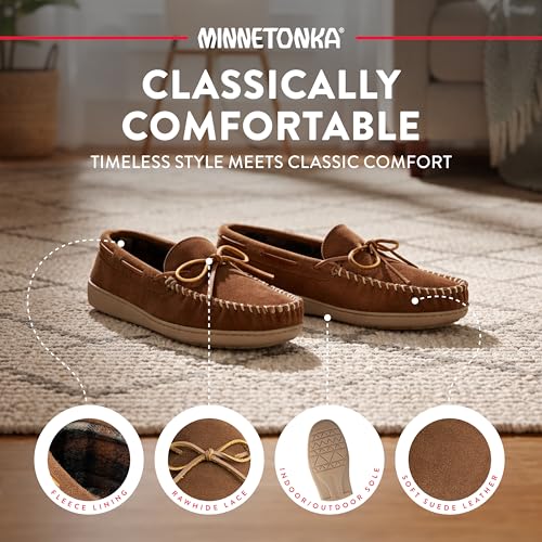 Image of Minnetonka Plaid Lined Hardsole - Moccasin Slippers for Men Made with Suede Upper, Rubber Sole, Plush Interior, Fleece Lining, Rawhide Lace, and Traditional Moccasin Design