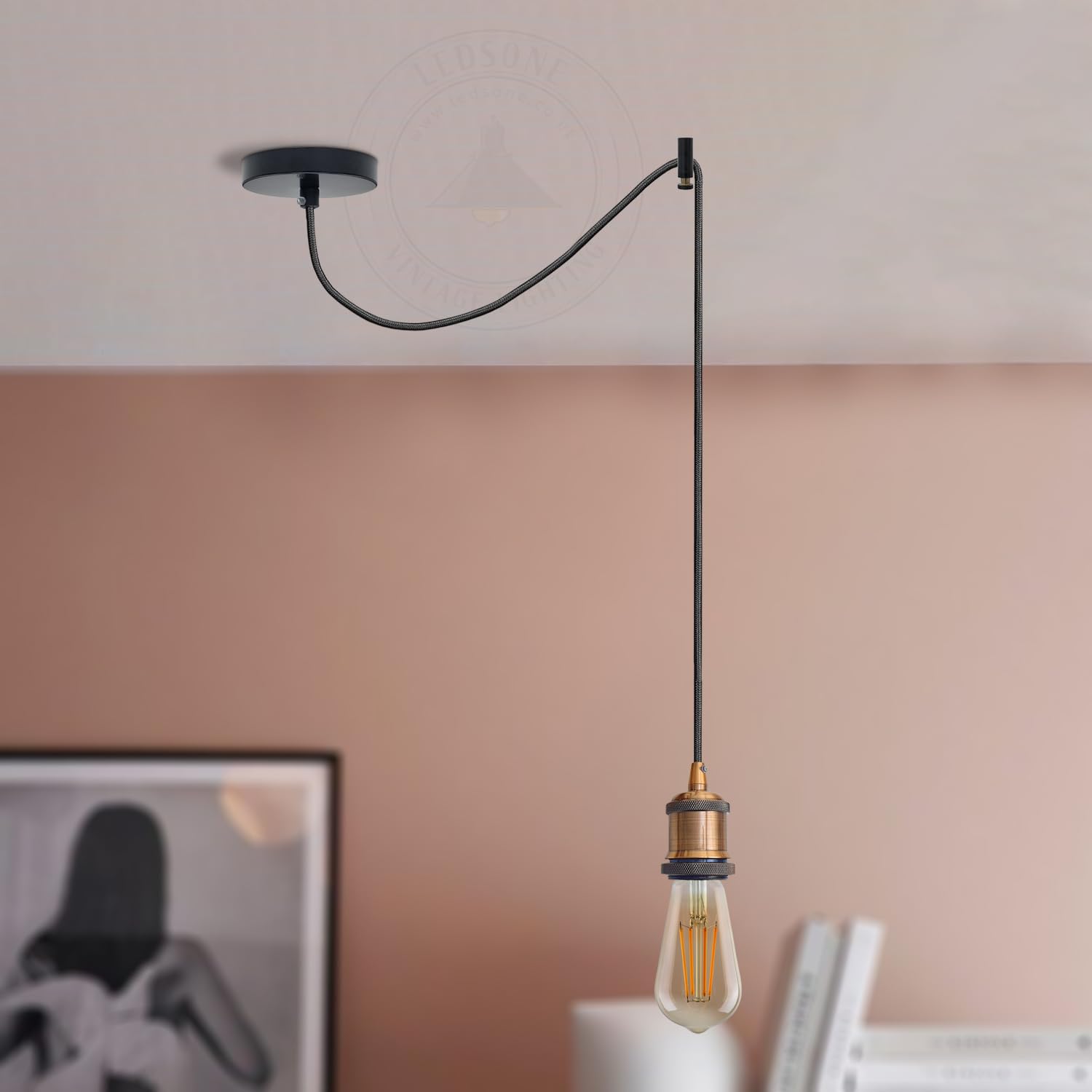 LEDSone Vintage Industrial Pendant Light, Brass E27 Lamp Holder with 195cm Adjustable Black 3-Core Cable for Kitchen Bar - Image 4