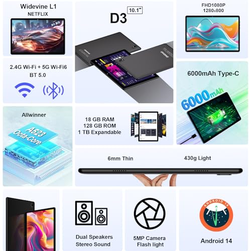 Image of DMOAO 2025 Tablet Android 14 Tablets with 128GB ROM+18GB RAM, 1TB Expand, Powerful Octa-Core, WiFi 6, BT5.0, 6000mAh, Widevine L1, Black