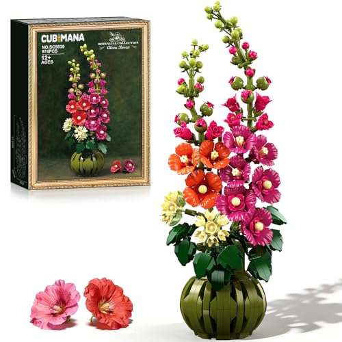 Image of CUBIMANA Flowers Botanicals Alcea Rosea Building Set for Adults, Ages 12+ | Artificial Flowers & Plants for Home Office, Bedroom or Desk Decor, 974PCS Birthday Christmas Housewarming Gift for Women Men