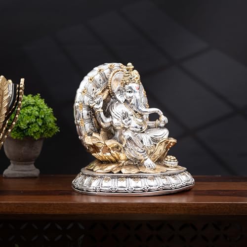 Image of Idolkart 24k Gold and 999 Silver Coated Ganeshji Divine Boxes | Photo with Charan Paduka for Pooja Room (Antique Gold and Silver, 8 Inch)