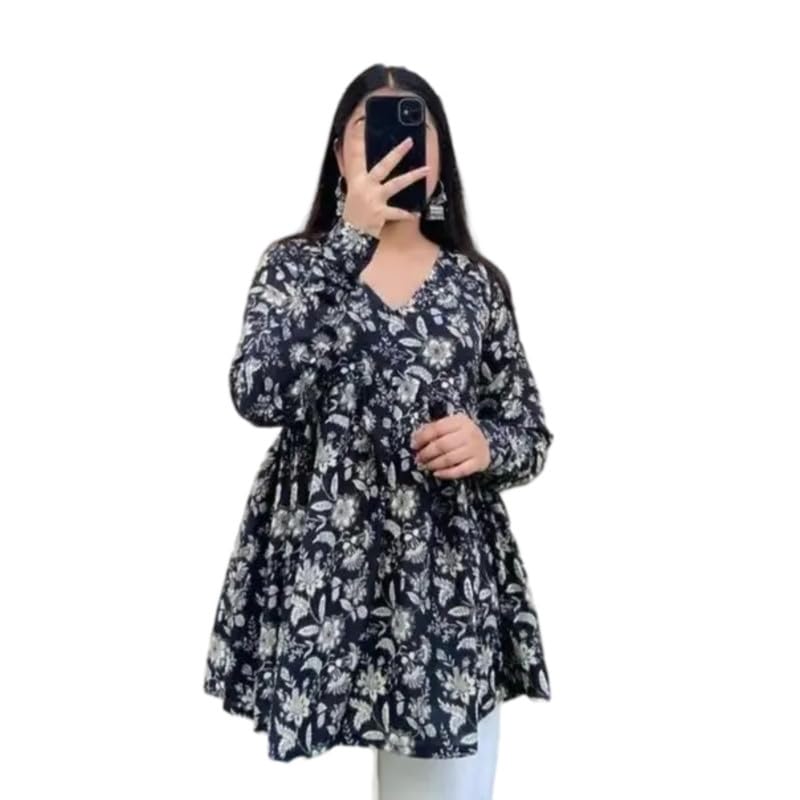 Image of Women's Floral Printed V-Neck Waist Length Full Sleeves Short Kurti Top