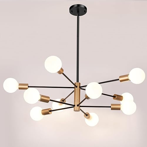 Miniatura 8 de Candelabro Sputnik de 10 luces, lámparas colgantes negras y doradas, moderna lámpara de comedor de granja de latón de mediados de siglo, altura
