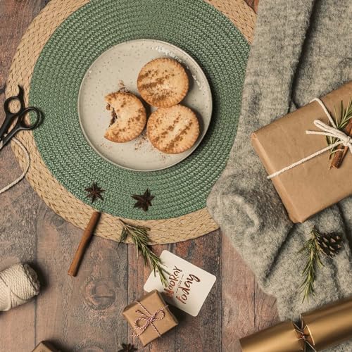 Noctiflorous Round Braided Placemats Set of 6 Table Mats 15 Inches Washable Heat Resistant for Dining Table Non-Slip Indoor Outdoor Place Mats for Thanksgiving Christmas Easter(Green Wide Edge 6)