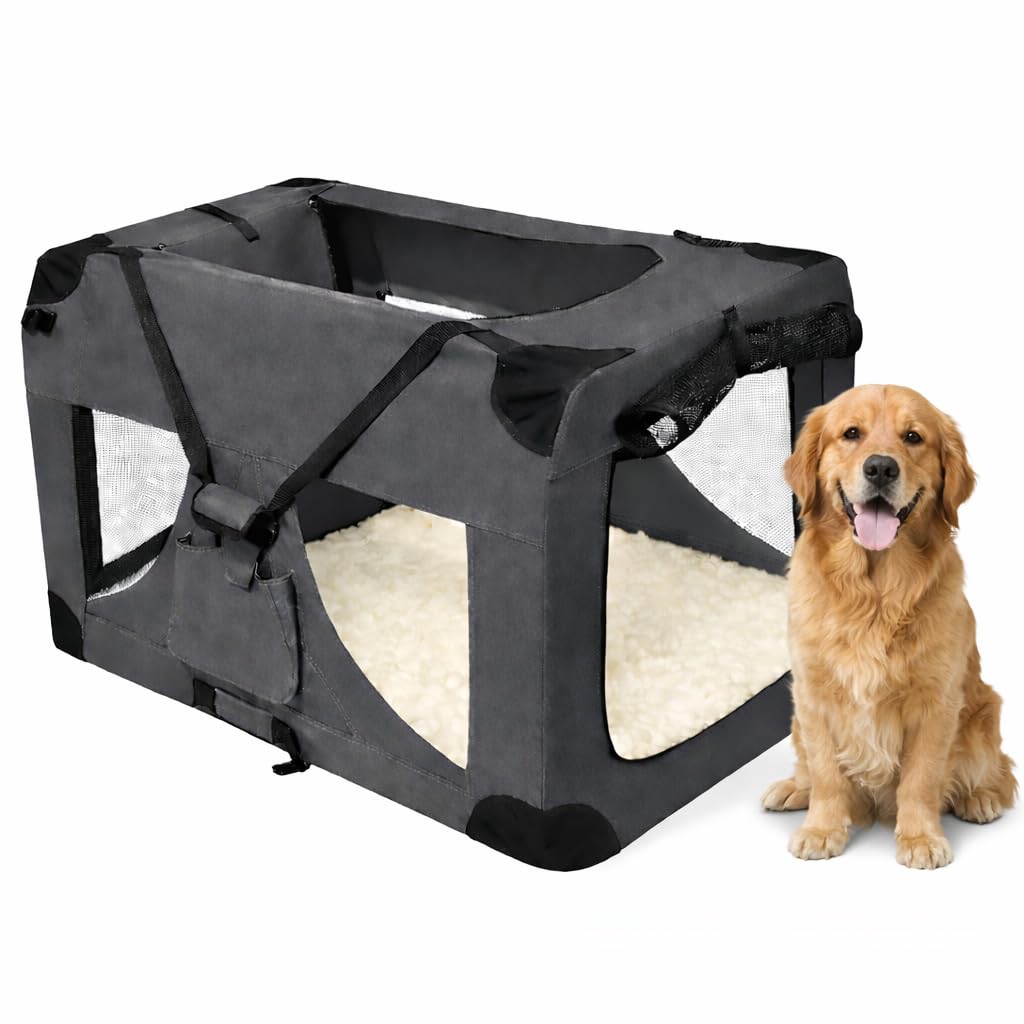 Pretty Pooch Foldable Portable Dog Kennel For Pets XL, Steel Frame, 600D Oxford Fabric, Indoor & Outdoor for Home, Car, Caravan, Camping with Washable Bed & Pop Up Bowl (XL)