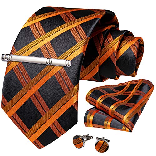 Image of DiBanGu Plaid Ties for Men Silk Checkered Necktie and Pocket Square Cufflinks Tie Clip Set with Gift Box for Wedding Business