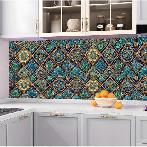 Image of Spring Summer Moroccan Tile Wall Decals, Blue Gold Mosaic Peel and Stick Wallpaper for Home Refresh, Boho Mural for Spring Cleaning Decor, Mother's Day, 39.37x15.75 Inch