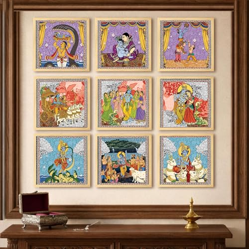 Image of Krishna Wall Sculpture Paintings for Home decoration | Pichwai Madhubani Wall painting for living room | Krishna Leela Wall Decor | Wall art | Home Decor Gift Items | Set of 9, (9x9 Inch)