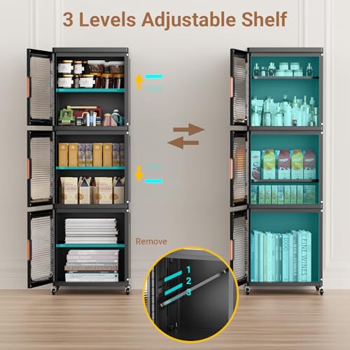 Image of BROVIEW 4-Tier Tall Narrow Storage Cabinet 14.6 inch Wide, Slim Bathroom Cabinets with Adjustable Shelves and Doors, Plastic Kitchen Pantry Organizers and Storages for Small Space, Laundry, Black