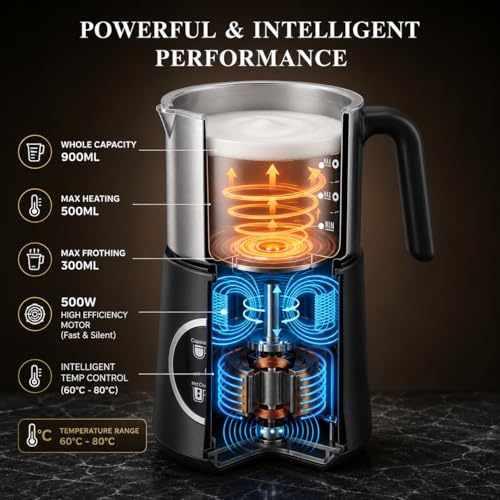 Image of VANTRO 900ml Electric Milk Frother & Milk Warmer, 4-in-1 Automatic Hot & Cold Foam Maker with Detachable Stainless Steel Jug, Coffee Frother for Latte, Cappuccino, Macchiato & Hot Chocolate