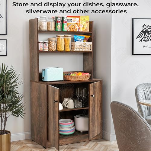 Image of ABOUT SPACE 5 Tier Kitchen Organizer Rack - 5.5 ft Wooden Kitchen Cabinet with 3 Open Shelves & 2 Storage Rack with Door, Easy to Assemble for Home Living Room (Walnut - L 80 x B 40.5 x H 163 cm)