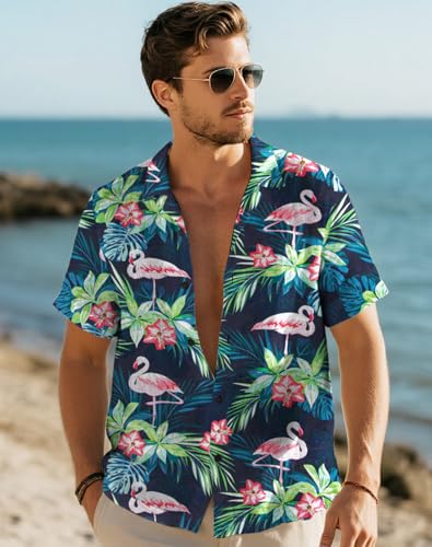 Image of Yoimira Hawaiian Shirts for Men, Print Mens Casual Short Sleeve Button Down Shirts Floral Aloha Beach Shirt