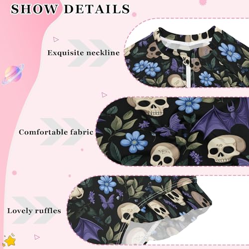 Skull Bat Flower Girls Long Sleeve Rashguard Swimsuit UV Protection One-Piece Swimwear Bathing Suit B04044174