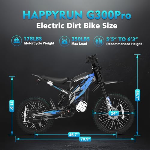 HAPPYRUN Electric Dirt Bike 6500W Peak Motor 72V 30Ah Battery Electric Bike for Adults 50MPH Top Speed 70+ Mile Range Ebike Hydraulic Brakes Electric Motocycle G300pro