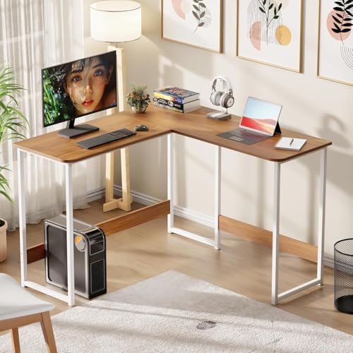 Image of Lukzer Engineered Wood L-Shaped Corner Study and Computer Laptop Table for Home or Office | MST-007 /White & Oak Brown | Multi-Functional Sturdy Gaming Station and WFH Desk with Metal Frame