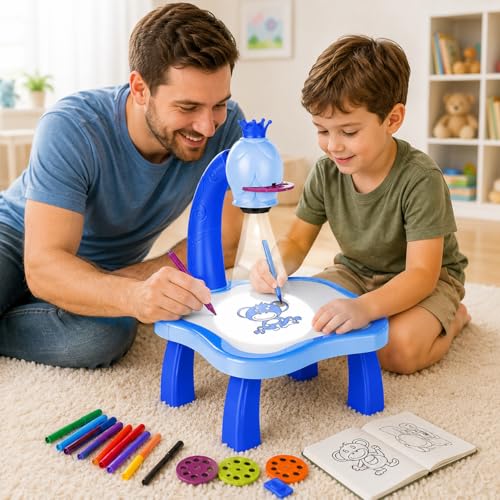 Image of Braintastic Kids Projector Drawing Table with Light & Music | Educational Art & Tracing Toy with Patterns and Color Pens | for 3+ Years Boys & Girls (Blue)