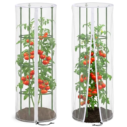 2 Pcs Garden Bird Netting Cover for Round Tomato Cage 59 x 18 Tomato Trellis Insect Barrier Protection Mesh Plant Cage Garden Net Cover with Zipper for Vertical Climbing Plants Vegetables Fruits