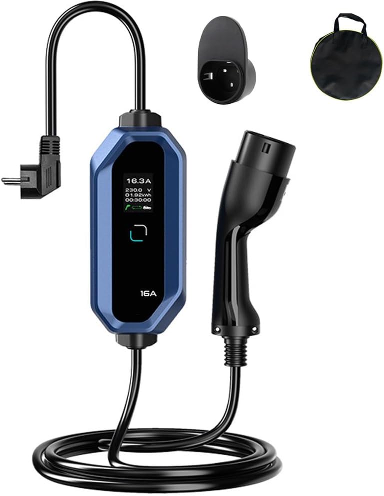 Cargador EV 3.5kw de corriente ajustable 8A-16A, cargador de coche eléctrico portátil y doméstico con pantalla LED/retardo de temporizador de 1-10 horas/bolsa impermeable IP66 para EVs y PHEV,15m