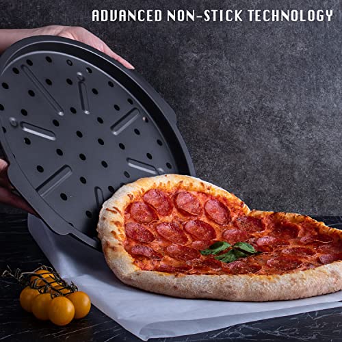 Hongbake Pizza Pan With Holes 12 Inch, Nonstick Pizza Tray For Oven With Widen Handles, Hot Air Pizza Crisper Tin Set Of 2, Round Baking Sheet For Frozen & Homemade Pizza, Grey #TOP1
