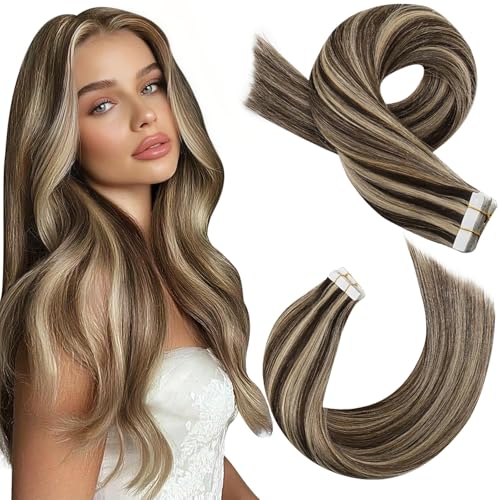 Image of Moresoo Tape in Hair Extensions Brown with Blonde 24in 20Pcs 50g | Tape in hair extensions real human hair, extra-long strands, caramel ribbons, flat tabs for braids and photo shoots