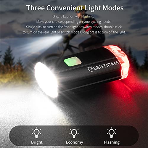 Senticam Licht, wiederaufladbar über USB, Dual-Front- und Heck-Licht, IPX3, wasserdicht, tragbare Taschenlampe für alle Rennradfahrer