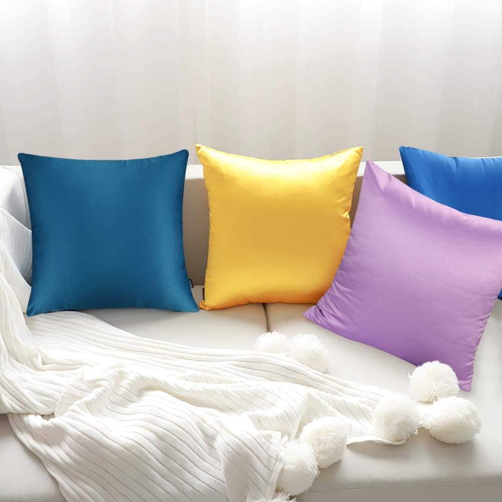 Faylapa 4 Pack Satin Throw Pillow Cases,Peacock Blue Heavy Silk Satin Decorative Pillow Covers Solid Dyed Soft Pillow Cover Home Decor,20" x 20"(Case ONLY)