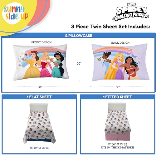 Image of Sunny Side Up Disney Princess Twin Sheet Set - 3 Piece Kids Bedding Set Includes Pillow Cover - Super Soft Rainbow Microfiber Sheets Features Moana, Belle & Rapunzel