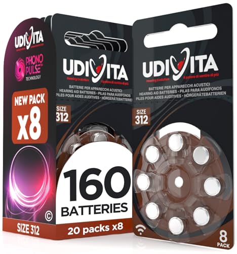 160 Hearing Aid Batteries Size 312 Udivita (PR41 Brown - Zinc Air) with Phono Pulse Technology - 20 Blisters of 8 Batteries