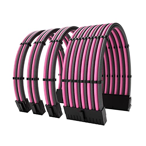 Vetroo PSU Extension Cable Sleeved Customization Mod PC Power Supply Cable, Soft Nylon Braided with Comb Kit 18AWG ATX/EPS/8 Pin PCI-E/6+2 Pin PCI-E (Black & Pink)