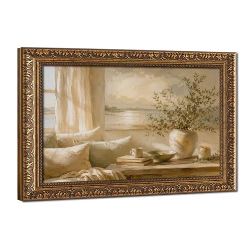 Pink Ocean Sunrise Neutral Canvas Wall Art Retro Gold Frame