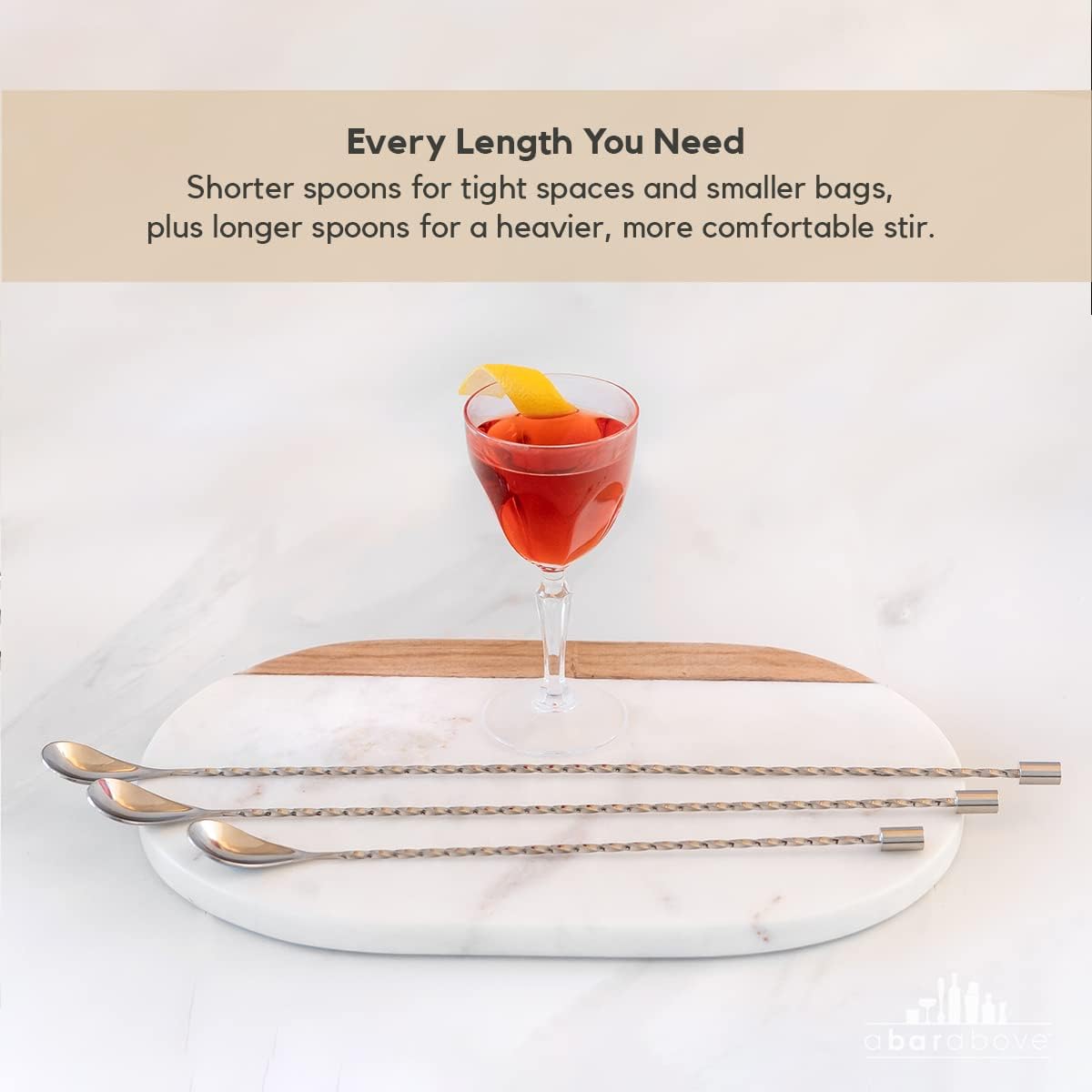 A Bar Above Bar Spoon Set, of 3, 12”, 15”, and 17”, Stainless Steel Cocktail Stirrer Bar Set, for Mixing Glass or Shaker, Spiral Handle Drink Stirrers, Supplies for Bars, Professional Mixing Spoons