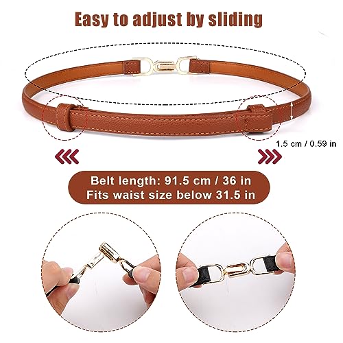 2pcs Skinny Leather Belt for Women, Adjustable Thin Waist Belt With Gold Buckle for Dresses and Shirts (Black, Brown)2