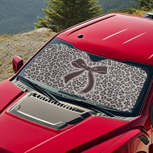Image of Bow Leopard Print Car Front Windshield Sun Shade, Windshield Sunshade Front Window Cover Blocks UV Rays Sun Visor Fit Most Car, Truck, SUV, or Van 66.53 L x 34.44 inch W
