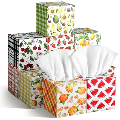 Image of Fourluoo 12 Pack Fruit Facial Tissues Cube Face Boxes 600 Sheets 3 Ply | Small Square Tissues Bulk for Spring Summer Car Bedroom Desktop Supplies, Disposable Face Tissue, Fruit Patterns