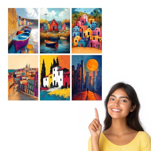 Image of SiddArtify Colorful Cityscape Wall Art Poster Print Set - Vibrant Building Decor for Living Room Bedroom Office - 12x18 inch Board Pack of 6