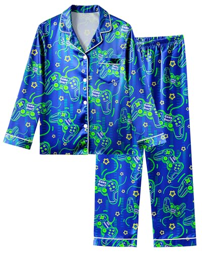 Fiodrimy Boys Pajamas Silky Satin Big Boys PJs Set 2 Piece Sleepwear Button Down Kids Jammies Loungewear Clothes Size 8-14