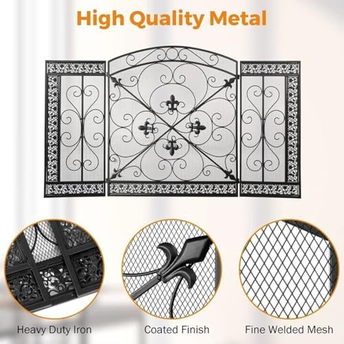 Foldable 3-Panel Arched Fireplace Screen, Wrought Iron Black Metal Spark Guard, Freestanding Mesh Fireguards for Spark Protection & Stylish Home Decor