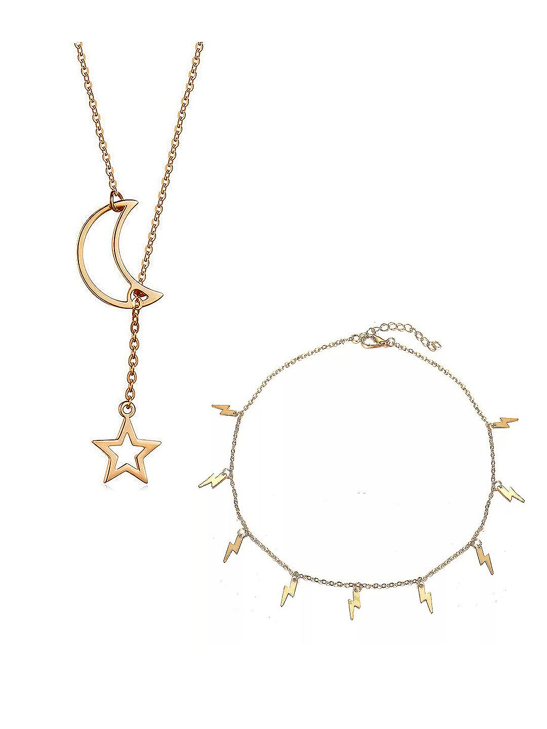 Vembley Combo Of 2 Pretty Gold Plated Moon Dropping Star and Thunder Storms Pendant Necklace For Women and Girls