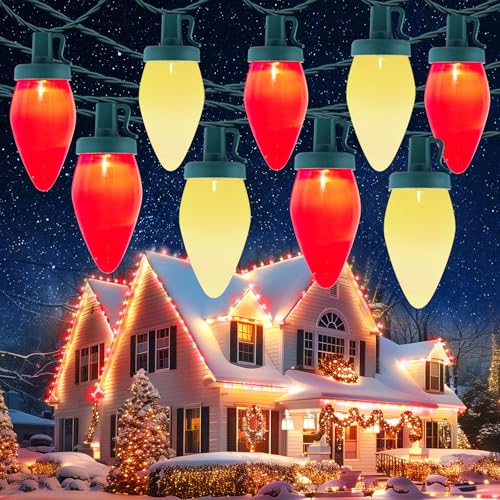 C9 Christmas Lights Outdoor, 100 Feet Strawberry Waterproof String Lights with 100 Bulbs, Connectable Waterproof Lights for Holiday Party Roofline Backyard Patio, Green Wire(Red & Warm White)
