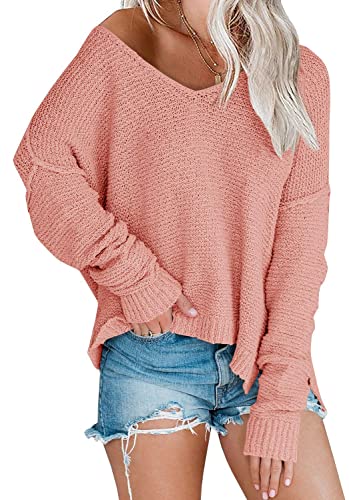 Image of Women's Off Shoulder Knit Sweaters Oversized V Neck Long Sleeve Loose Lightweight Pullover Tops