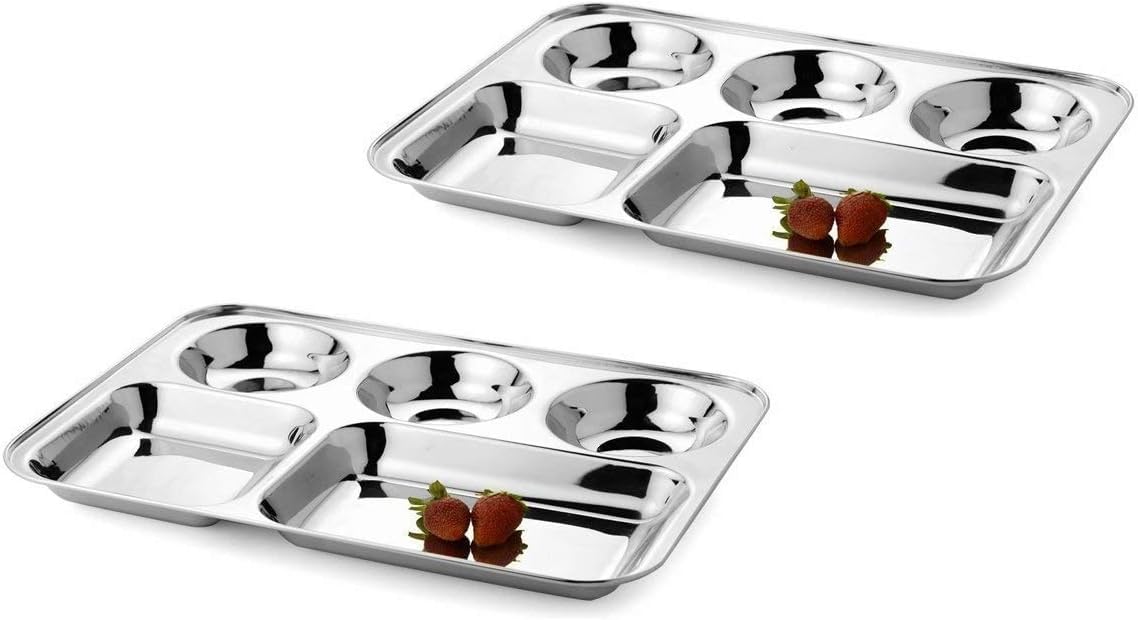 Assiette indienne Bhojan Thali en acier inoxydable à 5 compartiments x2